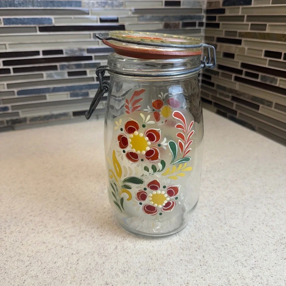 Vintage‎ 1982 Luppino Hand Painted Floral Glass Canister 1.5L Wire Bale Jar